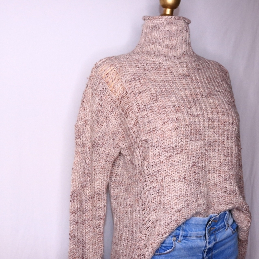 Express Wool High Neck Chunky Knit Pullover Sweater, Medium Color: Beige - Picture 3 of 8